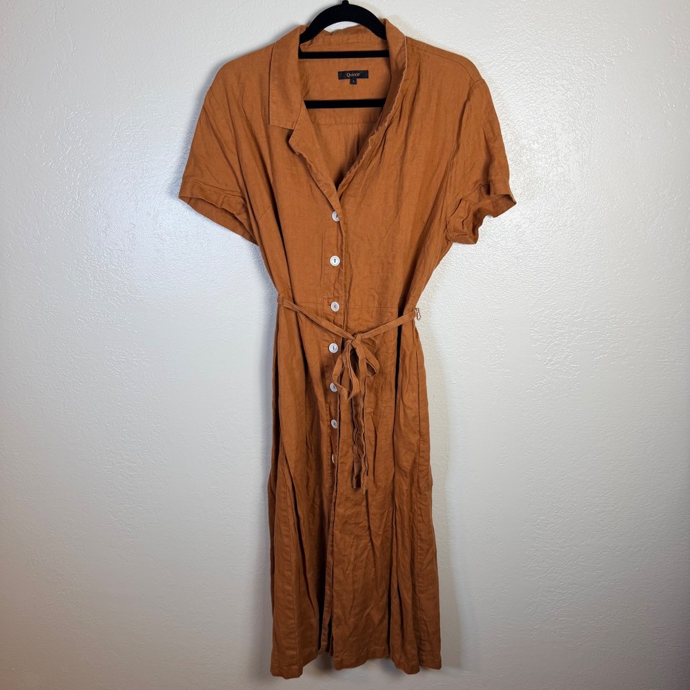 Quince Women's L 100% European Linen Button Front Midi Dress Terracotta